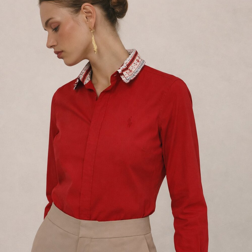 Ralph Lauren Women’s Super Slim Fit Red Shirt 95% Cotton French Cuffs Sz 4 - Picture 1 of 15
